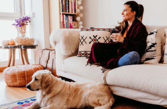 lady on couch dog on floor